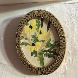 Bouquet Daisies Wheat Cat Tails Hand Painted On Miniature Wood Plaque 1:12 Scale - Imagen 1 de 2