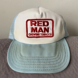 Vintage Red Man Chewing Tobacco Patch Light Blue Mesh Back Snapback Trucker Hat - Bild 1 von 7