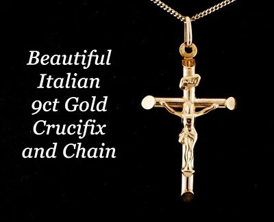 Lindo colar pingente de crucifixo de ouro amarelo 9 quilates com marca registrada por Unoaerre - Imagem 1 de 3