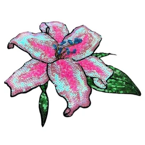 Pink Lily Flower Embroidery Patch Sequin Sticker Patches For Clothing Appliques - Picture 1 of 24