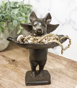 Cast Iron Rustic Western Butler Flying Winged Pig Carrying Leaf Jewelry Dish - Picture 1 of 9