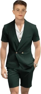 Short Sleeve Boy's Suits Double Breasted Formal Suits Blazer Pant Slim Fit 2 Pcs - Picture 1 of 31