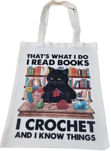 Cream Canvas Tote Bag With Crochet And Cat Transfer. Brand New* - Picture 1 of 3