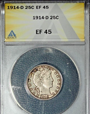 Cuarto de dólar de barbero 1914-D, ANACS EF 45, bonito Foto 1 de 2