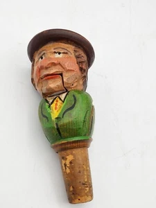 Antique Mechanical German Black Forest Carved Wood Bottle Cork. Handpainted - Picture 1 of 8