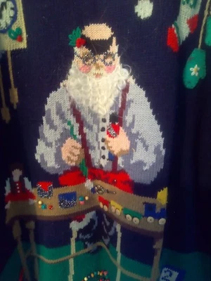 DE COLECCIÓN 1994 Susan Bristol NAVIDAD 3D SUÉTER Santa Workshop Apliques Túnica Talla LG Foto 1 de 3