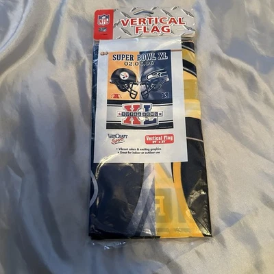 SUPER BOWL XL 2/5/06 BANDERA VERTICAL NUEVA 27 X 37 PITTSBURG VS SEATTLE Foto 1 de 2
