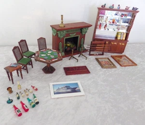 Dollhouse bar game room furniture lot Rae Backus poker table cabinet fireplace - Picture 1 of 14
