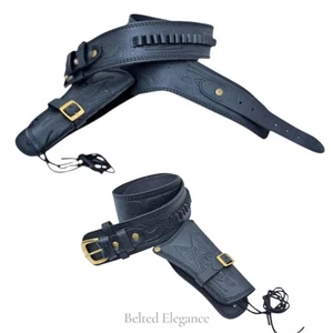 COWBOY WESTERN GUN HOLSTER BELT BLACK Genuine Embossed Leather Pistol & Revolver - Picture 1 of 8