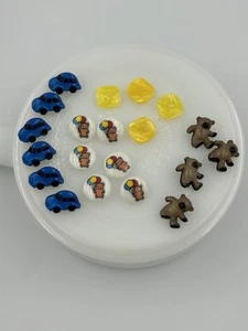 20 Vintage Cute Clothing Buttons Blue Car, Bear W Balloons, Teddy Bears, Yellow - Picture 1 of 4