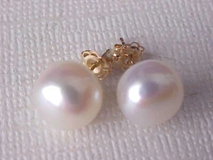 9MM AAA GENUINE WHITE PEARL STUD EARRINGS SOLID 14K YELLOW GOLD - Picture 1 of 3