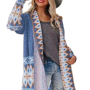 New! Women's Light blue white orange AZTEC PRINT OPEN FRONT CARDIGAN in 5 SIZES! - Picture 1 of 8
