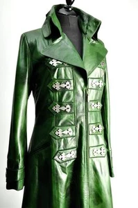 Ladies Antique Green Steampunk Full Length Long Leather Victorian Gothic Coat - Picture 1 of 8