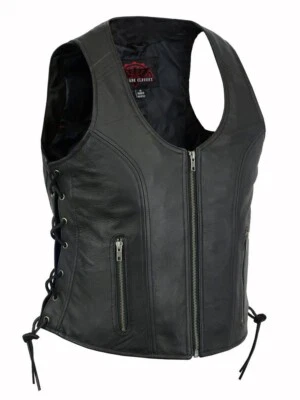 Women's Black Leather Biker Vest Stylish Open Neck Side Lace Zipper Front Vest - Image 1 of 4
