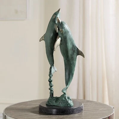 Attractive Aluminum And Marble Flirty Dolphin Duo Sculpture Marine Life - Image 1 of 4