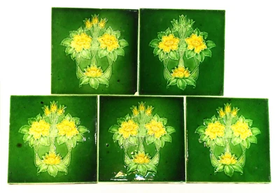 = Set of 5 Art Nouveau Floral Majolica Tiles, Green w Yellow - Fireplace or Wall - Image 1 of 4