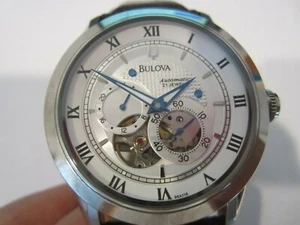 BULOVA MEN'S AUTOMATIC SKELETON ALL S/S LEATHER ORIGINAL JAPAN 96A118 NEW - Picture 1 of 6