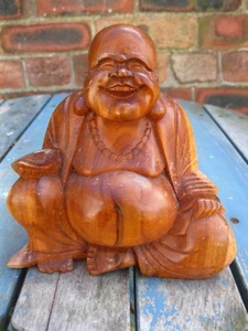 WOODEN HAPPY BUDDHA FIGURE Ornament 15 cm CHINESE LAUGHING Sitting HAND CARVED  - Picture 1 of 6