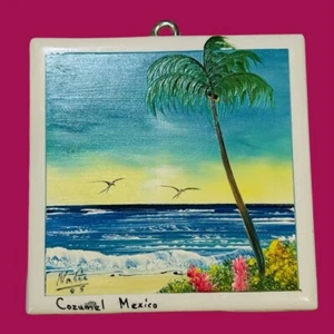 Cozumel Mexiko Fliese handbemalt signiert 2005 Strandszene bunt Original Kunst - Bild 1 von 7