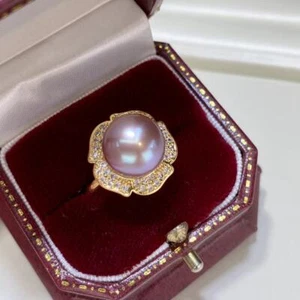 Natural Round South Sea Baroque Edison Pearl Bead Inlay Ring AAA Adjustable Size - Picture 1 of 32