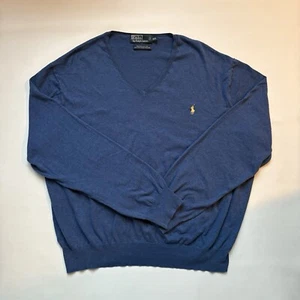 Polo Ralph Lauren Sweater Mens 2XL XXL Blue Pullover V Neck Pima Cotton Preppy - Picture 1 of 7