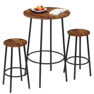 Bar Table Set 3-Piece Round Pub Table Set Bar Table and Bar Stools Rustic Brown - Image 1 of 4