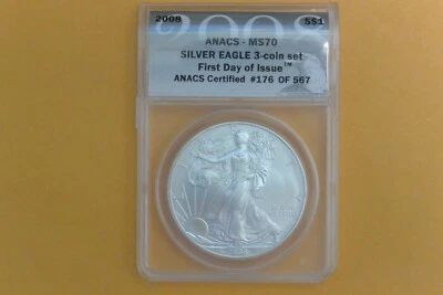 2008  SILVER EAGLE DOLLAR ANACS MS70 FIRST DAY OF ISSUE (Chipped Corners) - Image 1 of 4