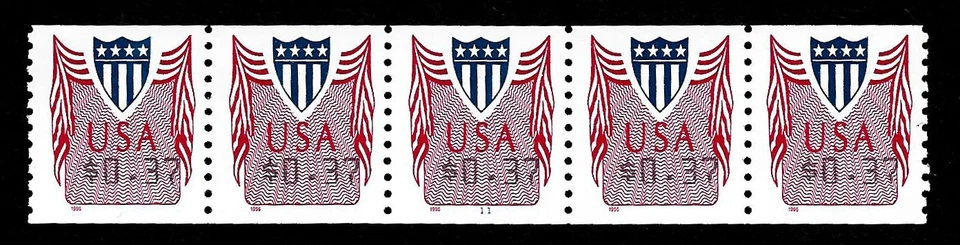 USA, SCOTT # CVP33, MNH COIL STRIP OF 5 PNC # A11, 37¢ COMPUTER VENDED SHIELD - Image 1 of 1