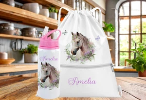 Personalised HORSE print Kids PE bag water bottle set, back to school - Picture 1 of 2