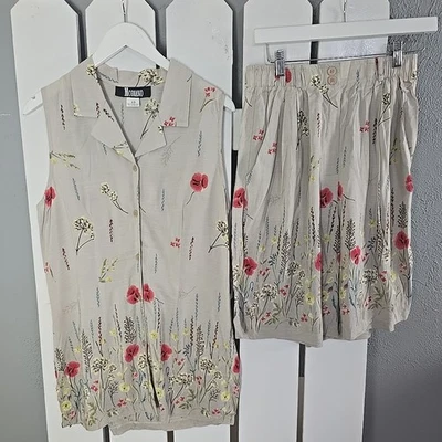 Modiano Floral Vest Shirt and Short Set Medium 10 Brown VTG Cottage Resort 90s - Image 1 of 4