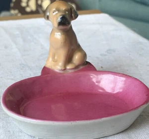 Vintage Ceramic Lustre Puppy In Basket Pin Dish. Marked Foreign. VGC. - Picture 1 of 10