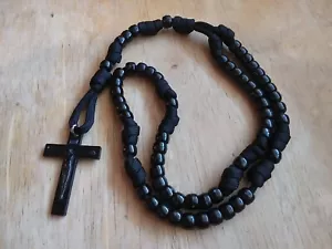 Rosario Paracord Nero Perline 2" Crocifisso Nero Militare Guerriero Ranger Fatto a Mano - Foto 1 di 7