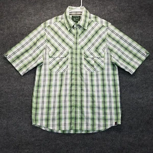 Woolrich Shirt Men Medium Avocado Green Plaid Short Sleeve Button Up Flap Pocket - Picture 1 of 13