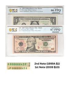 $1 and $10 Set of 2 Note MATCHING SERIAL NUMBERS 66666643 PCGS Graded 66/67 PPQ - Picture 1 of 3