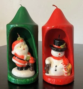 Vintage Weihnachtskerzen Weihnachtsmann Schneemann Deko Säule rot grün Urlaub Set - Bild 1 von 12