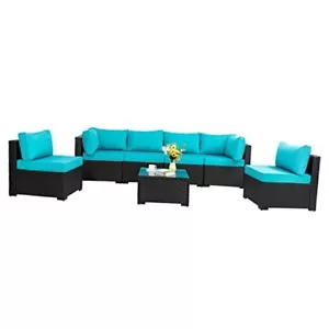 7 Pieces Outdoor Patio Sectional Sofa Couch, Black PE Wicker 7 Pieces Set Blue - Picture 1 of 8