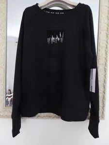 NWT DKNY Sport black fleece jersey sweat top velvet and sequin logo L - Picture 1 of 4