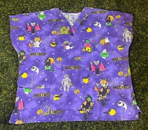 Vtg Halloween Scrub Top Serene Size XL Purple, Black & Orange Mummy Vampire - Picture 1 of 8