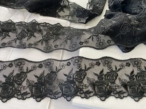 2 Yards Black Embroidered Double-edged Ribbon Lace Trim /Sewing/Crafts/3" Wide - Picture 1 of 12