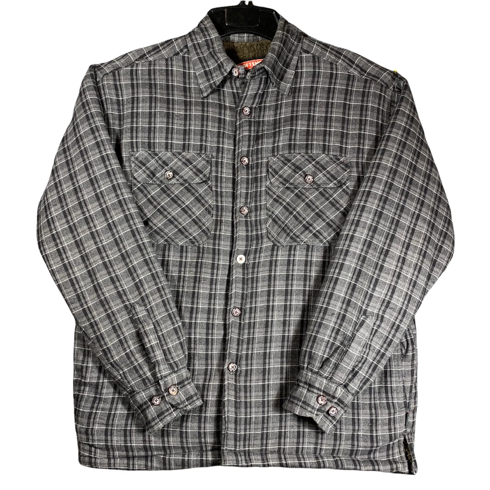 Camisa de franela forrada Sherpa manga larga con botones M Craftsman para hombre gris a cuadros Foto 1 de 4