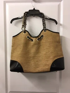 Bebe Straw and Faux Patent Leather Tote - Picture 1 of 10