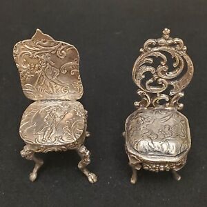 Antique Miniature .800 SILVER Dollhouse Chairs (2) - 2 Different - 1.1 Ounces
