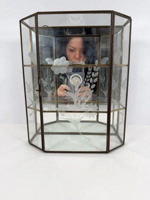 Vintage Glass And Brass Curio Cabinet Shelves Door Latch Etched Florals 9.5” - Image 1 of 4