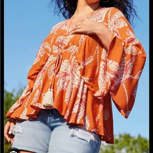 Maurices Womens Top Floral Flounce Sleeve Peplum Boho Plus Size 2X Orange NWT - Picture 1 of 10