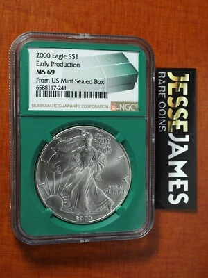 2000 SILVER EAGLE NGC MS69 EARLY PRODUCTION FROM US MINT SEALED BOX GREEN CORE - Image 1 of 2