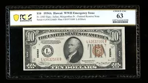 DBR 1934-A $10 FRN Hawaii Fr. 2303 PCGS-B 63 Serial L43632566B - Picture 1 of 2