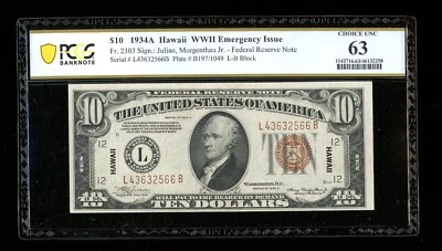 DBR 1934-A $10 FRN Hawaii Fr. 2303 PCGS-B 63 Serial L43632566B - Image 1 of 2