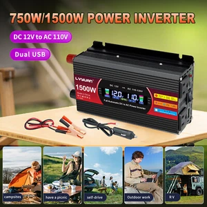 Car 750w 1500w Power Inverter 12v To 110v Converter With Lcd 2usb 2ac Black - Picture 1 of 8