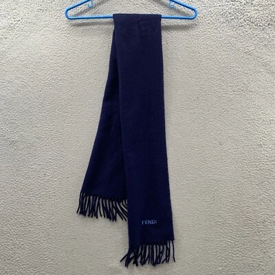 Cachecol FENDI genuíno vintage azul marinho escuro 100% lã franja feito na Itália - Imagem 1 de 4