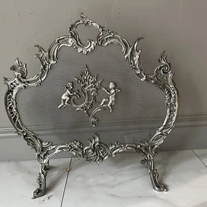 Solid Brass French Rococo Style Cherubs Fireplace Screen Fire Spark Guard - Picture 1 of 11